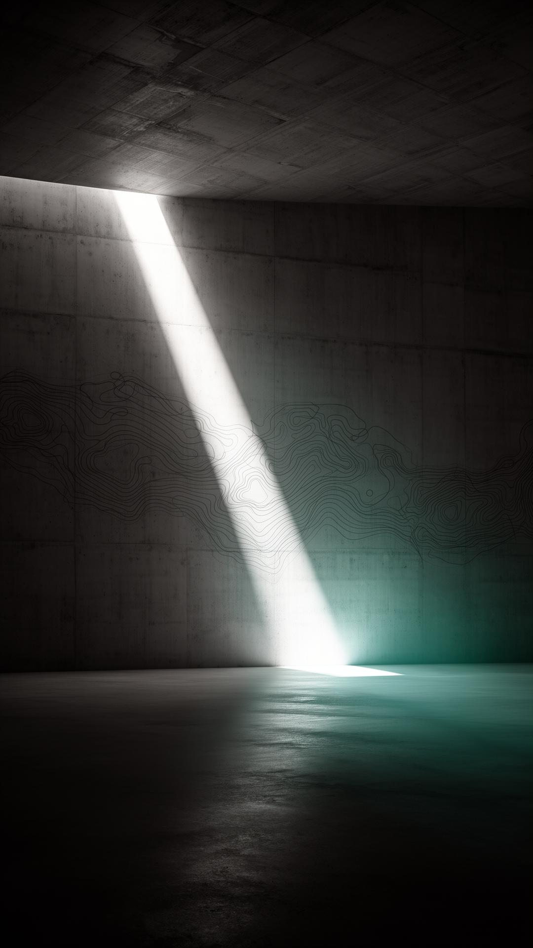 A single shaft of light cutting across a vast concrete interior