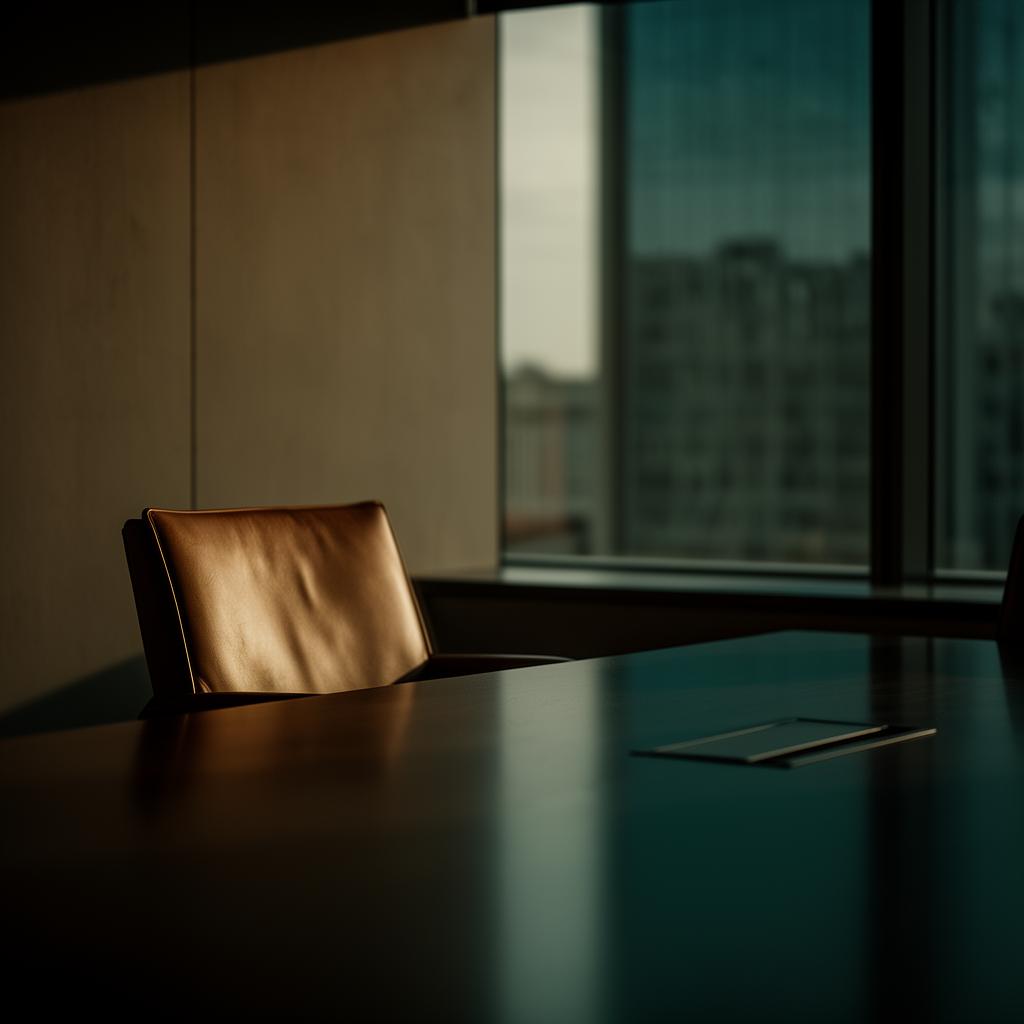 A quiet boardroom at dusk, lit by a single window